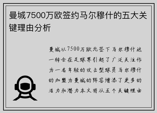 曼城7500万欧签约马尔穆什的五大关键理由分析