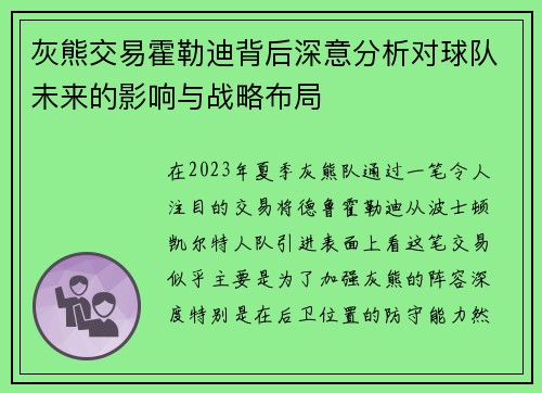 灰熊交易霍勒迪背后深意分析对球队未来的影响与战略布局