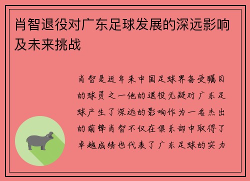 肖智退役对广东足球发展的深远影响及未来挑战 肖智退役对广东足球发展的深远影响及未来挑战