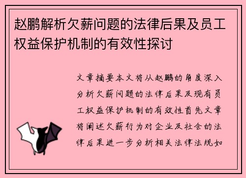 赵鹏解析欠薪问题的法律后果及员工权益保护机制的有效性探讨 赵鹏解析欠薪问题的法律后果及员工权益保护机制的有效性探讨