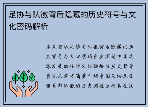 足协与队徽背后隐藏的历史符号与文化密码解析