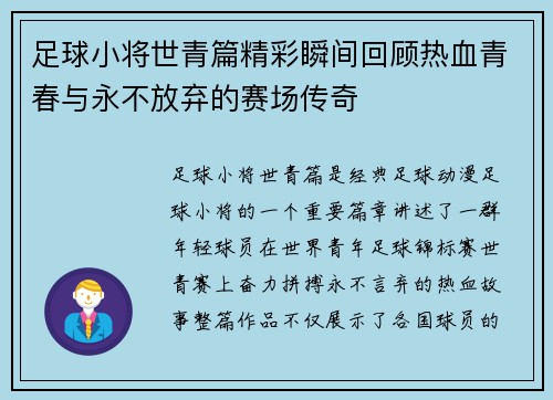 足球小将世青篇精彩瞬间回顾热血青春与永不放弃的赛场传奇